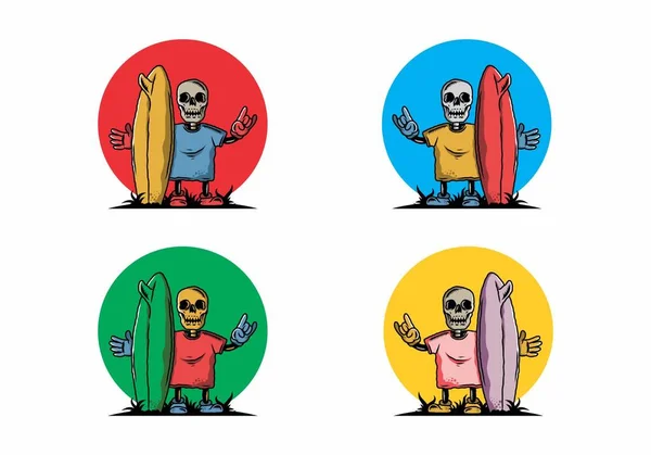 Illustration Design Little Skull Holding Surfing Board — Vetor de Stock