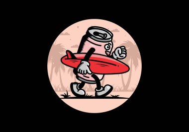 Sörf tahtası tutan bir içecek kutusunun çizimi