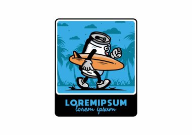 Sörf tahtası tutan bir içecek kutusunun çizimi