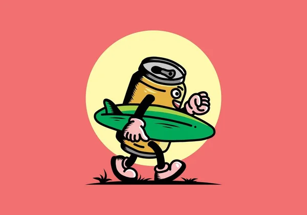 Ilustração Design Uma Bebida Pode Segurar Uma Prancha Surf — Vetor de Stock