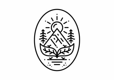 Yaprak, dağ ve güneşin siyah çizgi çizimi