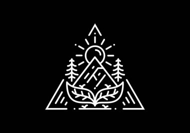 Yaprak, dağ ve güneşin siyah çizgi çizimi