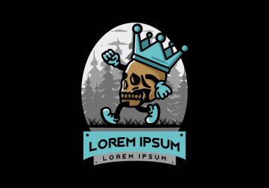 Büyük bir taç takan yürüyen bir kafatasının tasarımı.