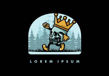 Büyük bir taç takan yürüyen bir kafatasının tasarımı.