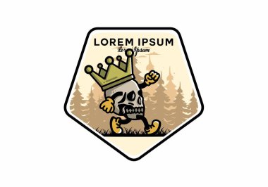 Büyük bir taç takan yürüyen bir kafatasının tasarımı.