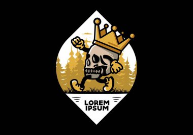 Büyük bir taç takan yürüyen bir kafatasının tasarımı.