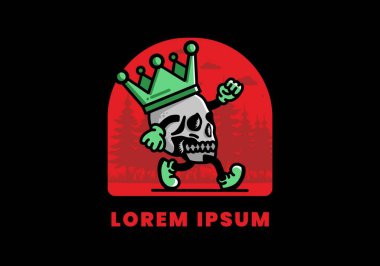 Büyük bir taç takan yürüyen bir kafatasının tasarımı.