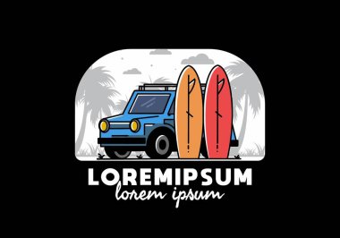 Illustration design of a small car and two surfboards
