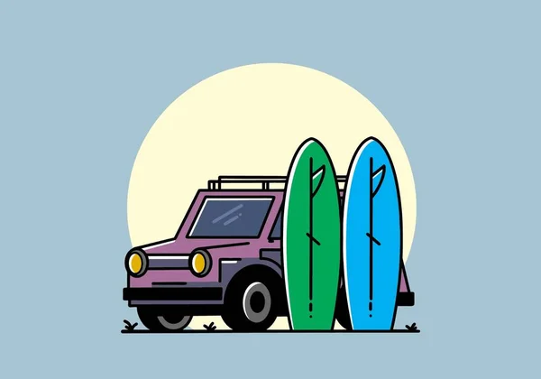 Illustration Design Small Car Two Surfboards — ストックベクタ