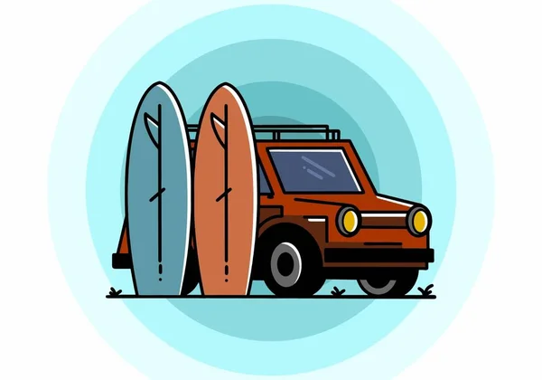 Illustration Design Small Car Two Surfboards — Stockvektor