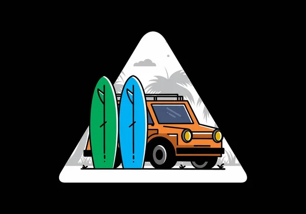 Illustration Design Small Car Two Surfboards — Vetor de Stock