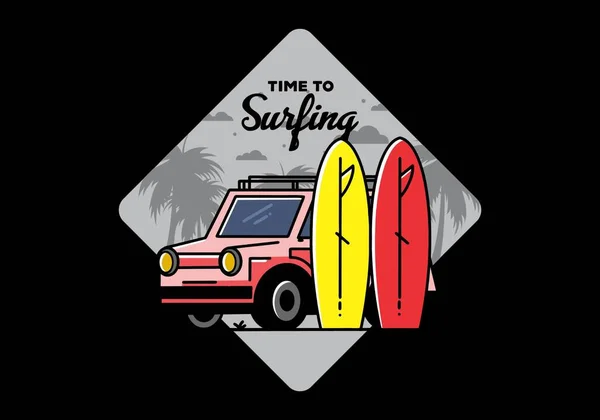 Illustration Design Small Car Two Surfboards — Image vectorielle