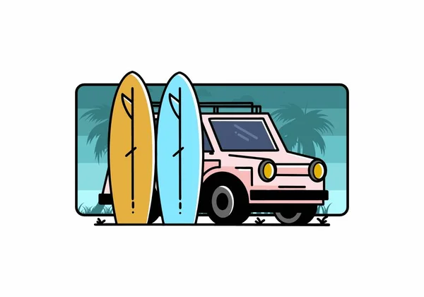 Illustration Design Small Car Two Surfboards — Stockvektor