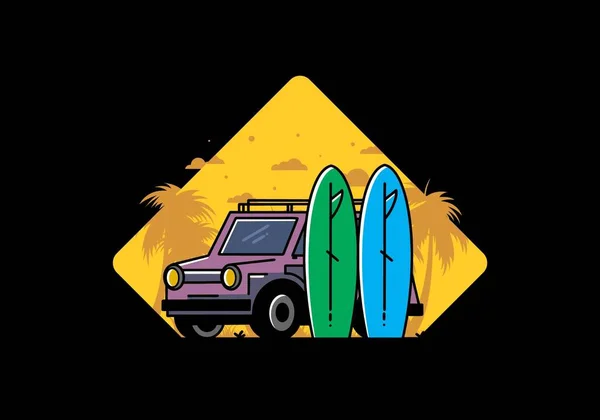 Illustration Design Small Car Two Surfboards — Stockvektor