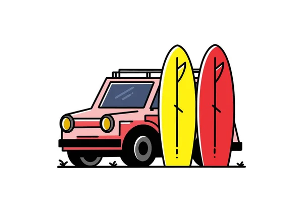 Illustrationsdesign Eines Kleinwagens Und Zweier Surfbretter — Stockvektor