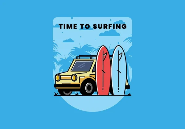 Illustration Design Small Car Two Surfboards — Stok Vektör