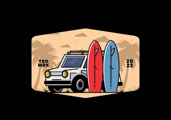 Illustration Design Small Car Two Surfboards — Vettoriale Stock