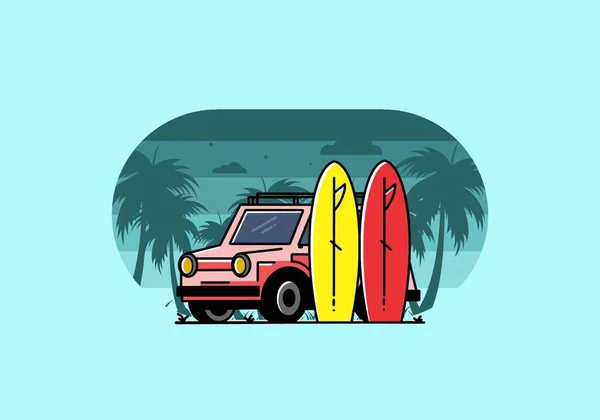 Illustratie Ontwerp Van Een Kleine Auto Twee Surfplanken — Stockvector