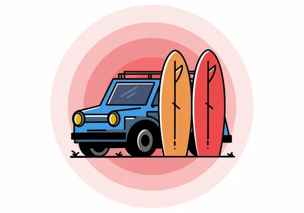 Illustration Design Small Car Two Surfboards — Vector de stock