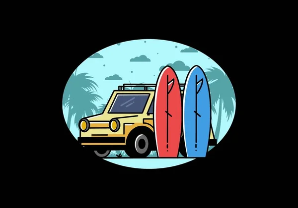 Illustration Design Small Car Two Surfboards — ストックベクタ