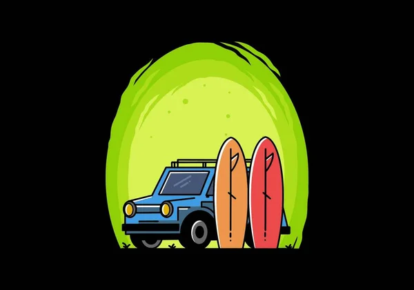Illustration Une Petite Voiture Deux Planches Surf — Image vectorielle