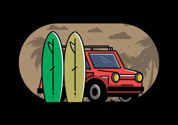 Illustration Design Small Car Two Surfboards — Vetor de Stock