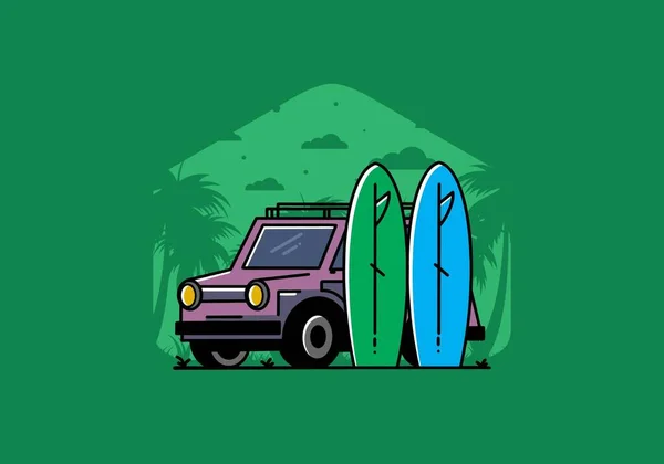 Illustration Design Small Car Two Surfboards — Vettoriale Stock