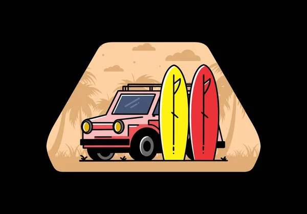 Illustration Design Small Car Two Surfboards — Vetor de Stock