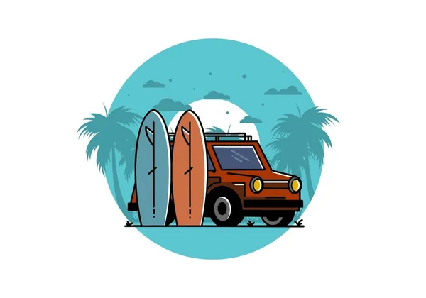 Illustration Une Petite Voiture Deux Planches Surf — Image vectorielle