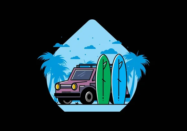 Ilustración Coche Pequeño Dos Tablas Surf — Vector de stock