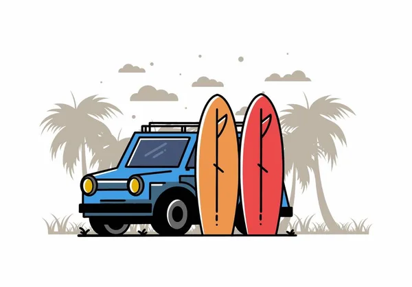 Illustration Design Small Car Two Surfboards — 图库矢量图片
