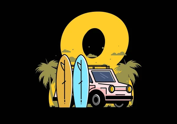 Illustration Design Small Car Two Surfboards — ストックベクタ