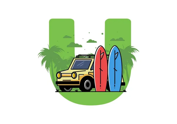 Illustration Design Small Car Two Surfboards — Stockvektor