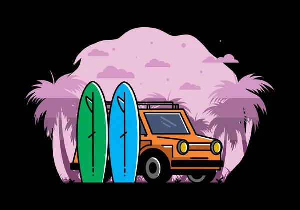 Illustration Une Petite Voiture Deux Planches Surf — Image vectorielle