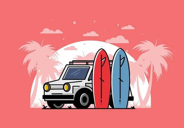 Illustrationsdesign Eines Kleinwagens Und Zweier Surfbretter — Stockvektor