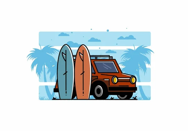 Ilustración Coche Pequeño Dos Tablas Surf — Vector de stock