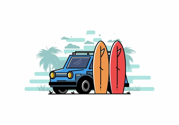 Illustration Design Small Car Two Surfboards — ストックベクタ
