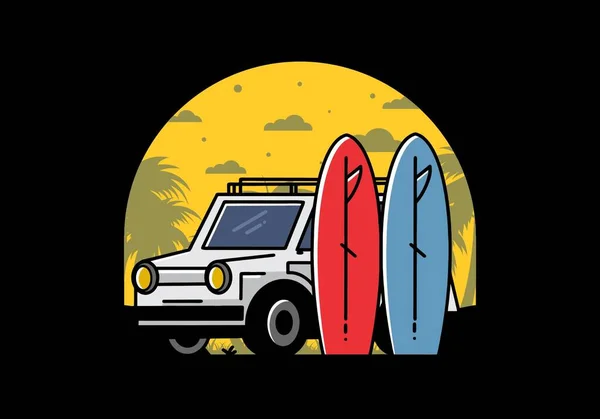 Illustration Une Petite Voiture Deux Planches Surf — Image vectorielle