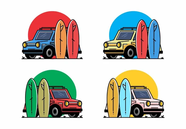 Illustration Design Small Car Two Surfboards — Image vectorielle