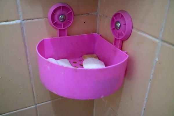 Photo Purple Soap Holder Stuck Corner Bathroom Wall — 스톡 사진