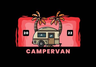 Illustration design of a teardrop camper and coconut tree