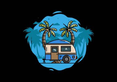 Illustration design of a teardrop camper and coconut tree