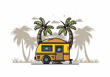 Illustration design of a teardrop camper and coconut tree