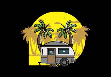 Illustration design of a teardrop camper and coconut tree