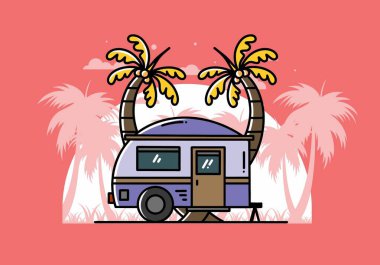 Illustration design of a teardrop camper and coconut tree