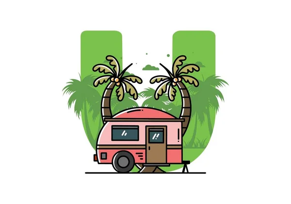 Illustration Design Teardrop Camper Coconut Tree — Archivo Imágenes Vectoriales
