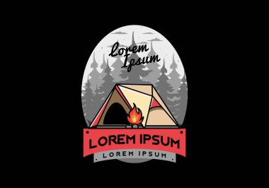 Üçgen kamp çadırı ve şenlik ateşi tasarımı.