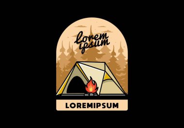 Üçgen kamp çadırı ve şenlik ateşi tasarımı.