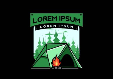 Üçgen kamp çadırı ve şenlik ateşi tasarımı.