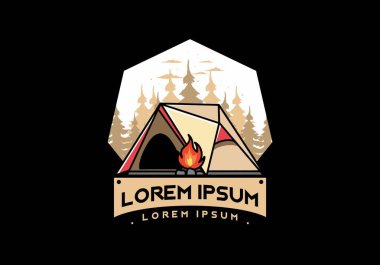 Üçgen kamp çadırı ve şenlik ateşi tasarımı.